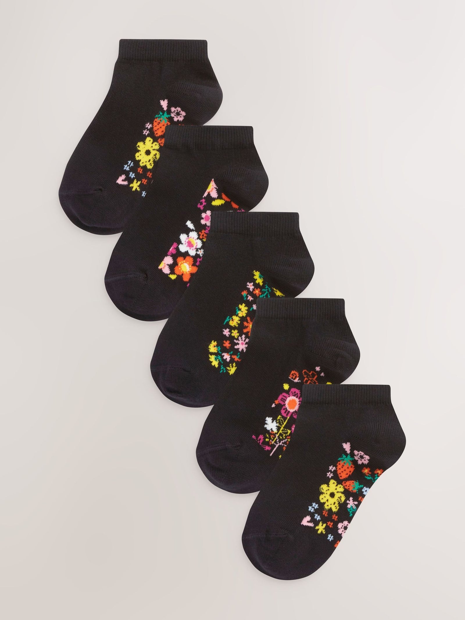 Black Floral 5 Pack Cotton Rich Footbed Trainer Socks