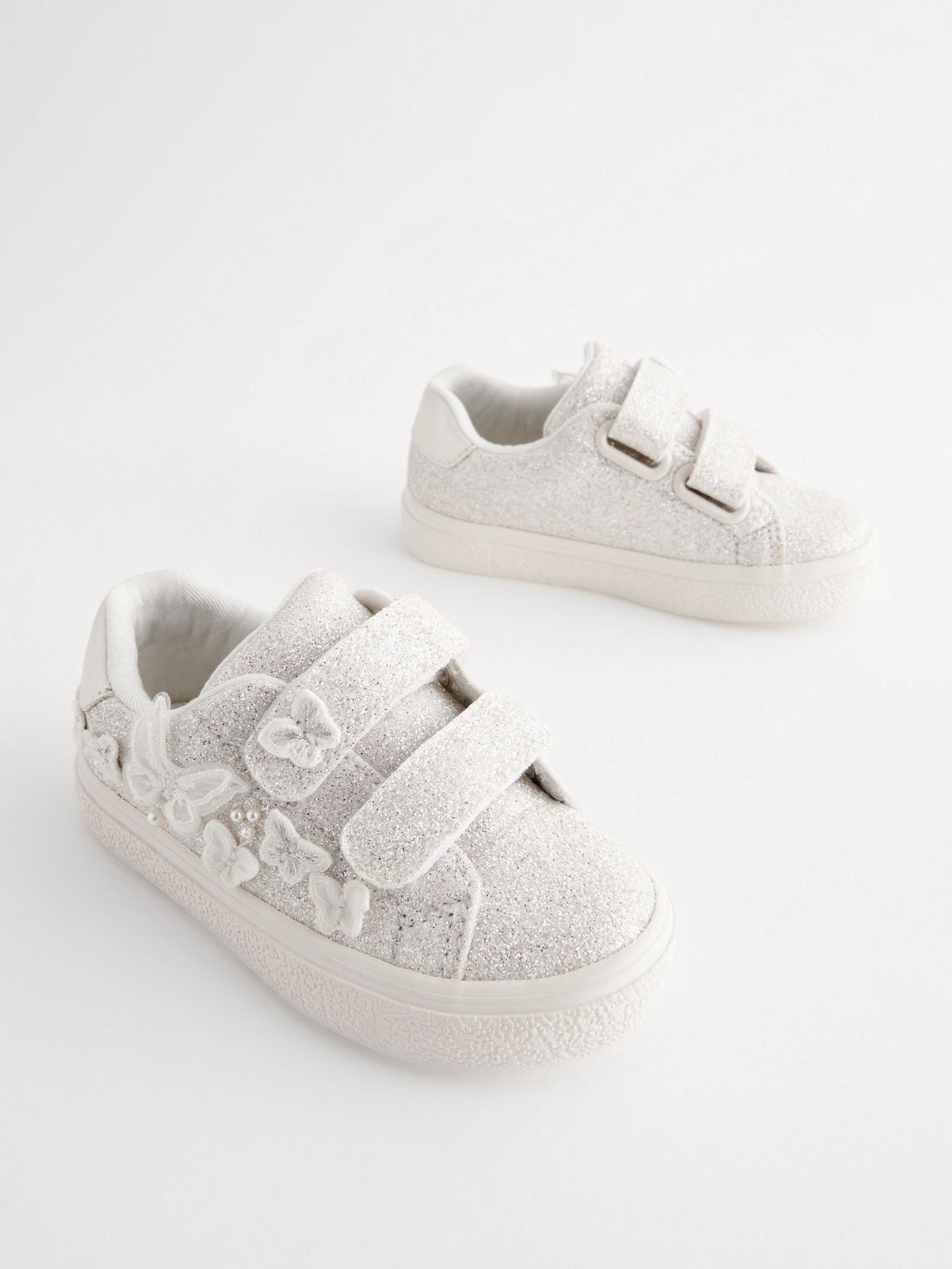 White Glitter Standard Fit (F) Butterfly Touch Fasten Strap Trainers