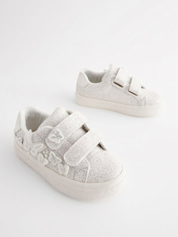 White Glitter Standard Fit (F) Butterfly Touch Fasten Strap Trainers