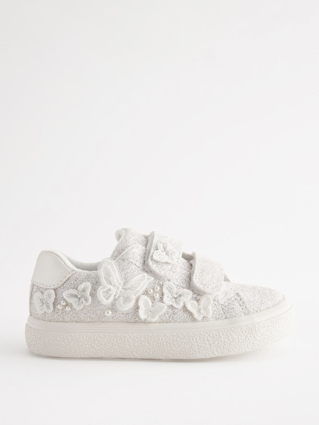 White Glitter Standard Fit (F) Butterfly Touch Fasten Strap Trainers