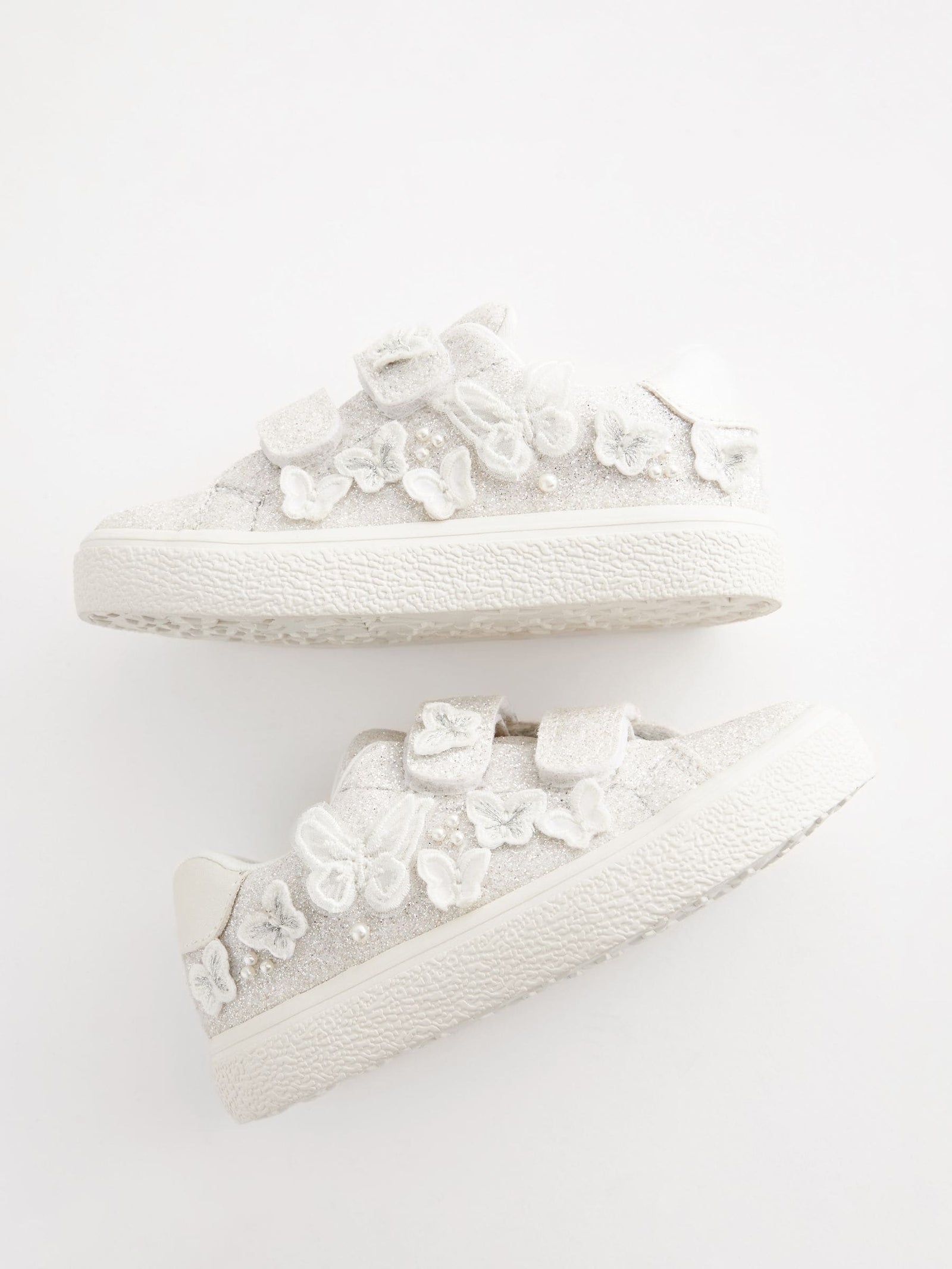White Glitter Standard Fit (F) Butterfly Touch Fasten Strap Trainers