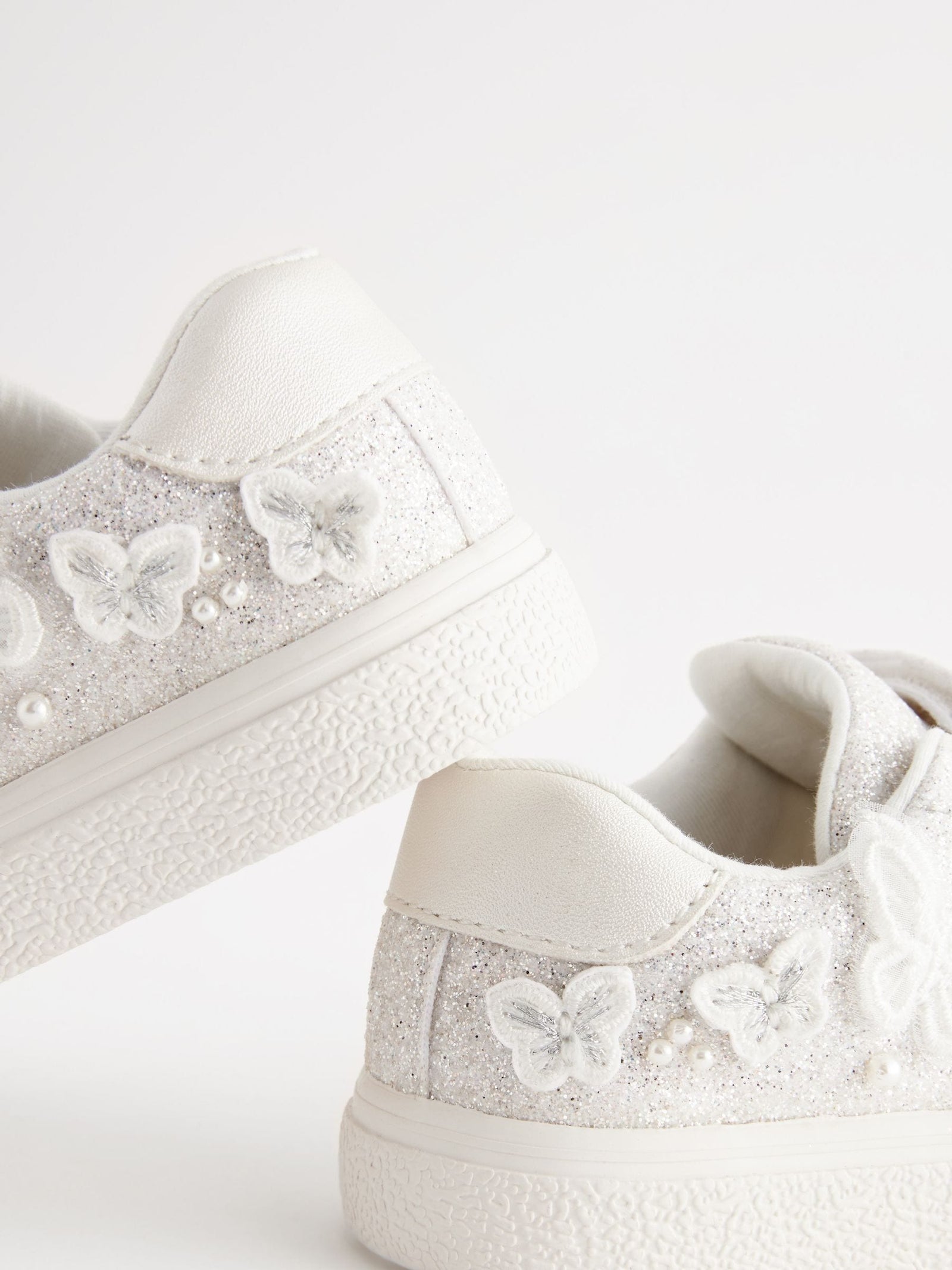 White Glitter Standard Fit (F) Butterfly Touch Fasten Strap Trainers