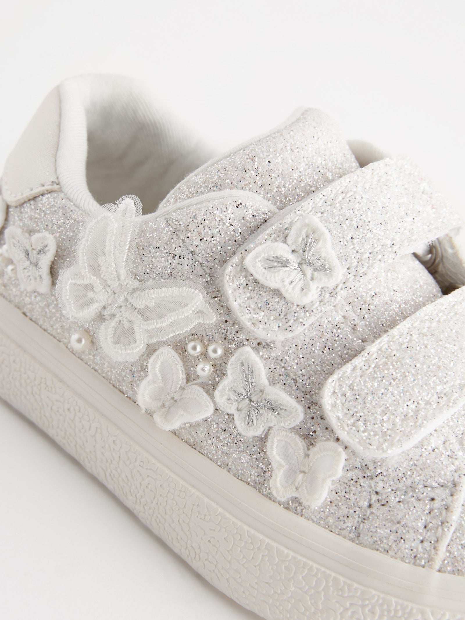 White Glitter Standard Fit (F) Butterfly Touch Fasten Strap Trainers