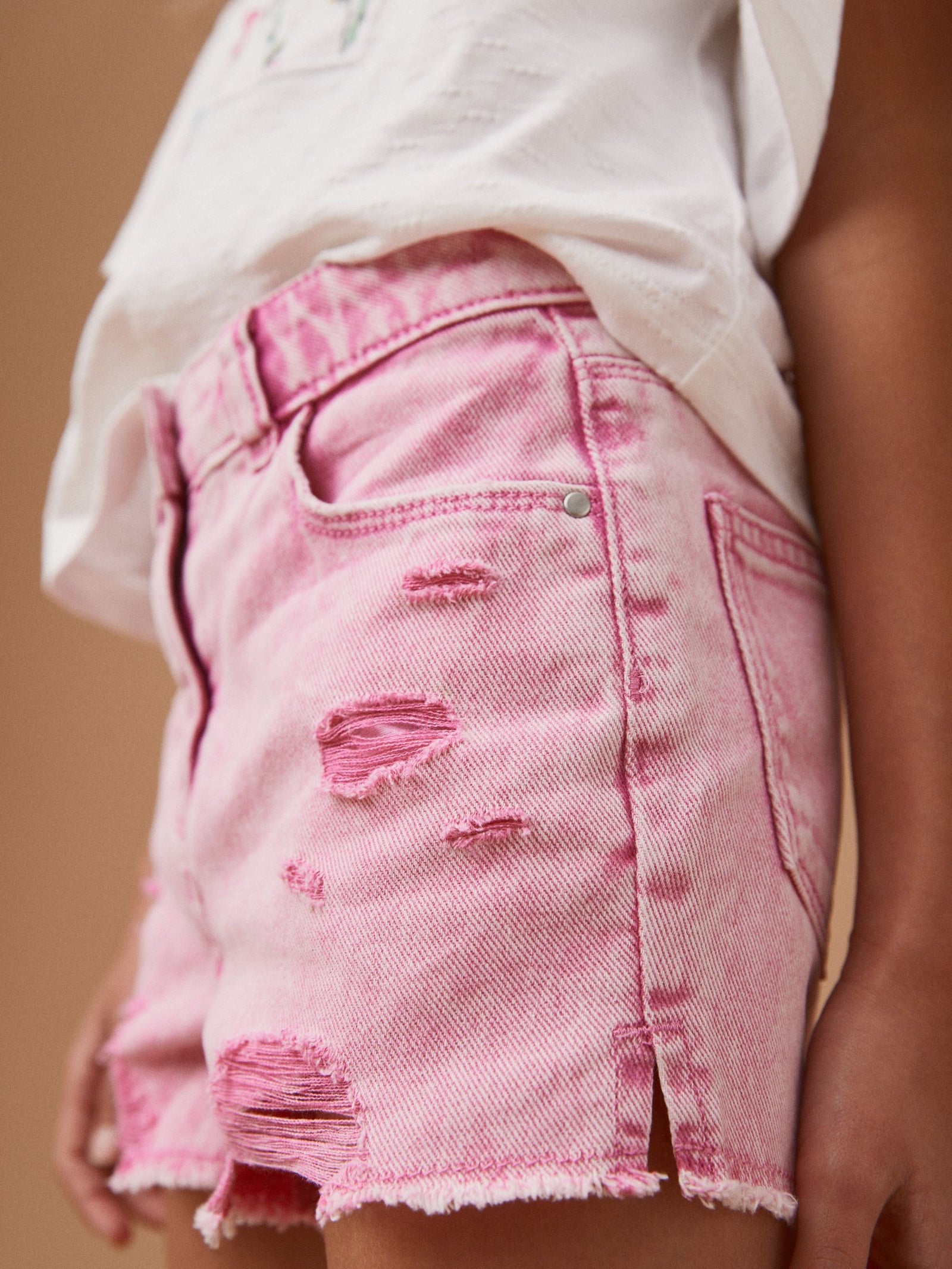 Pink 100% Cotton Frayed Edge Distressed Shorts (3-16yrs)