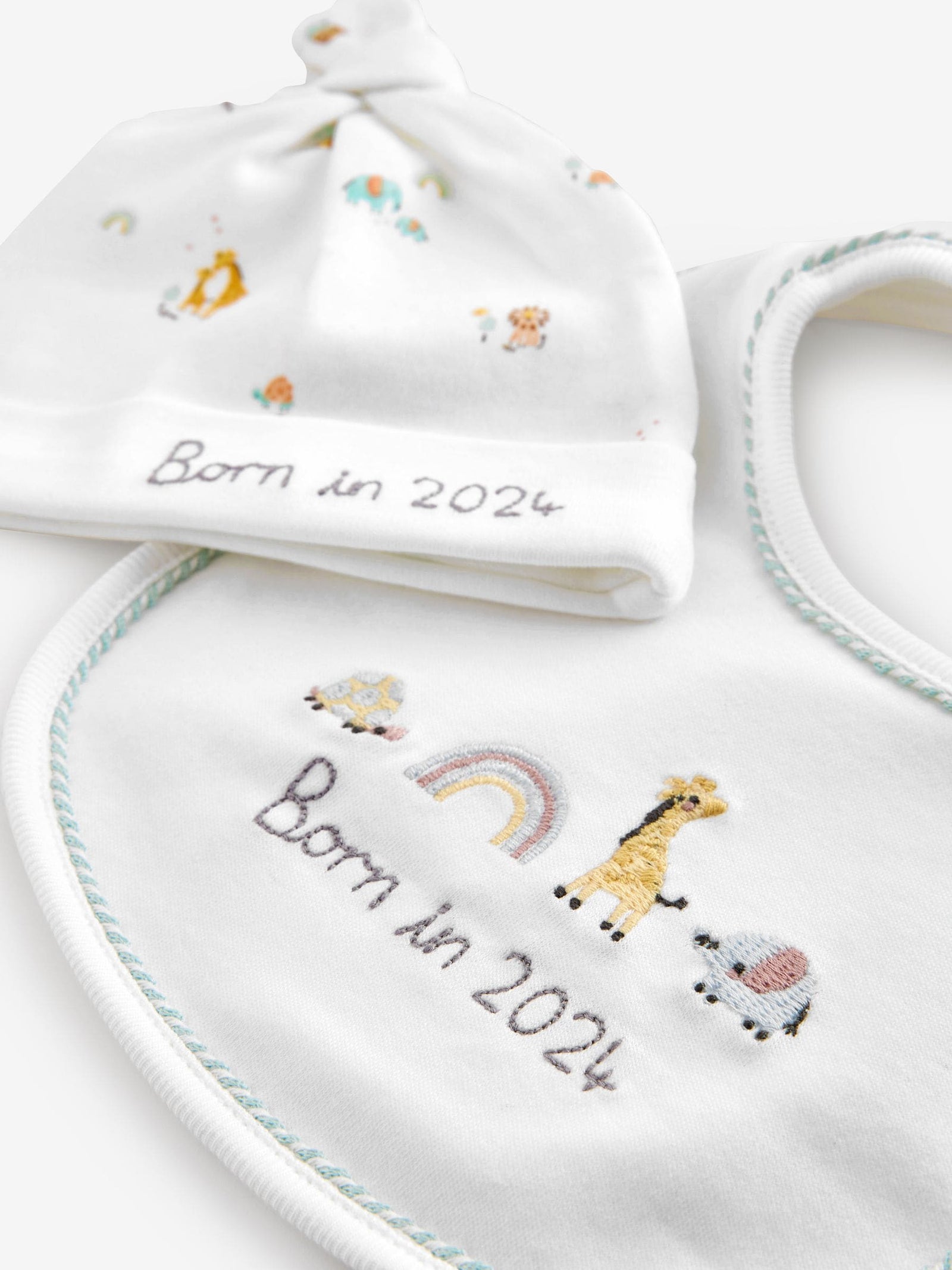White Born In 2024 100% Cotton Bib And Hat 2 Piece Set