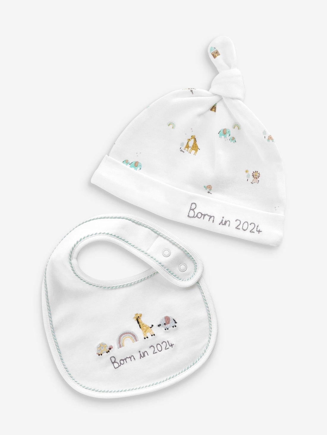 White Born In 2024 100% Cotton Bib And Hat 2 Piece Set