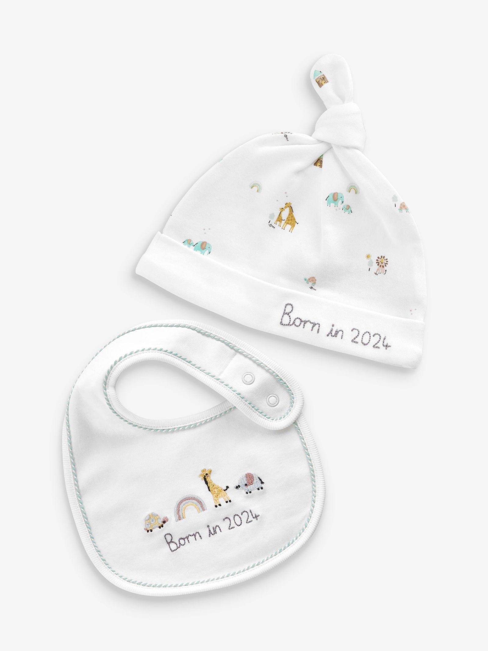 White Born In 2024 100% Cotton Bib And Hat 2 Piece Set