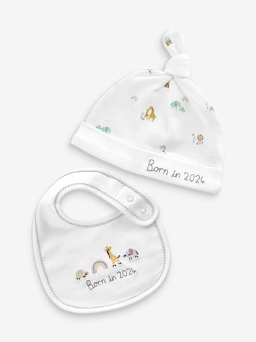 White Born In 2024 100% Cotton Bib And Hat 2 Piece Set