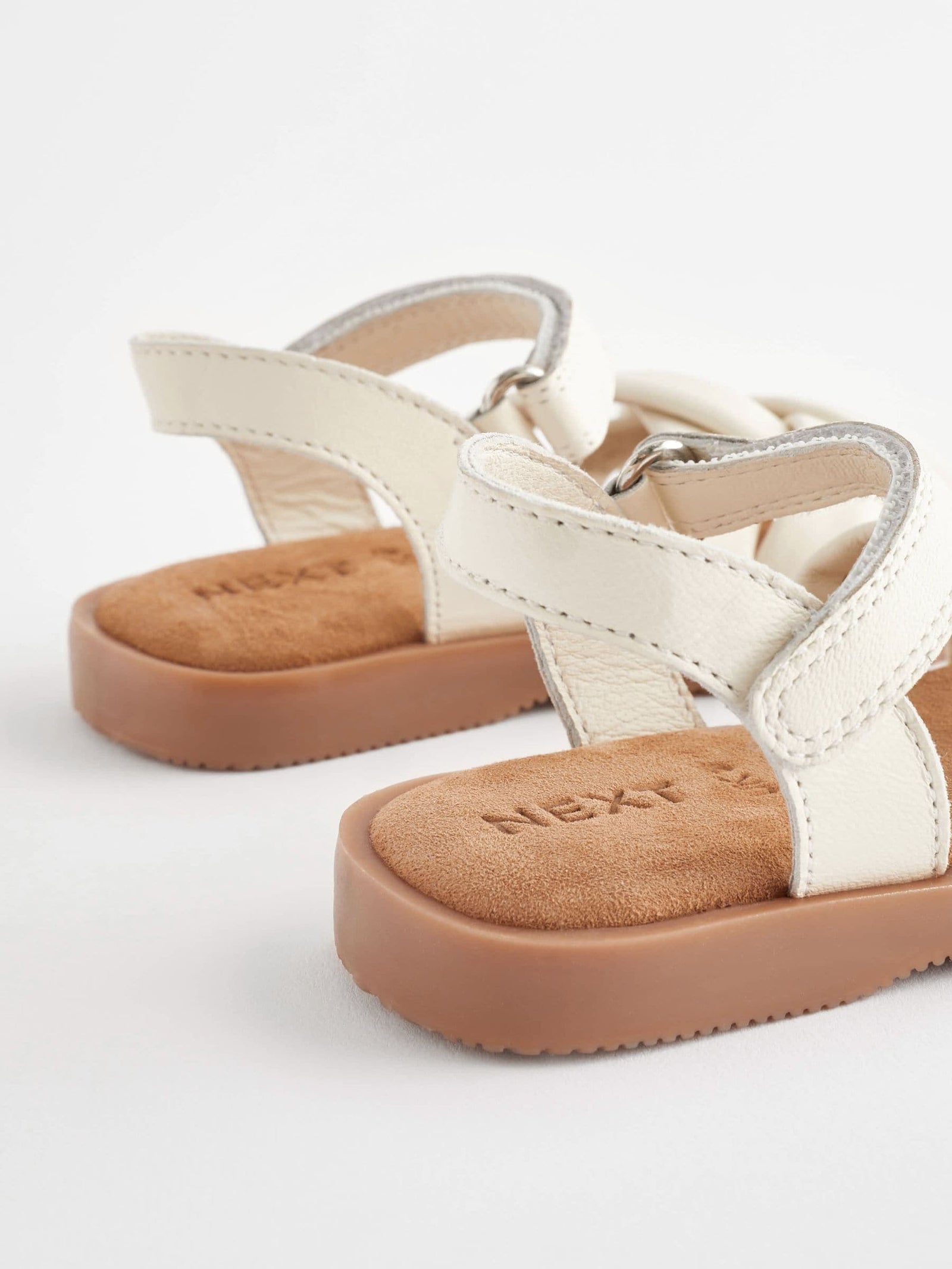 White Leather Woven Sandals With Touch Fastening
