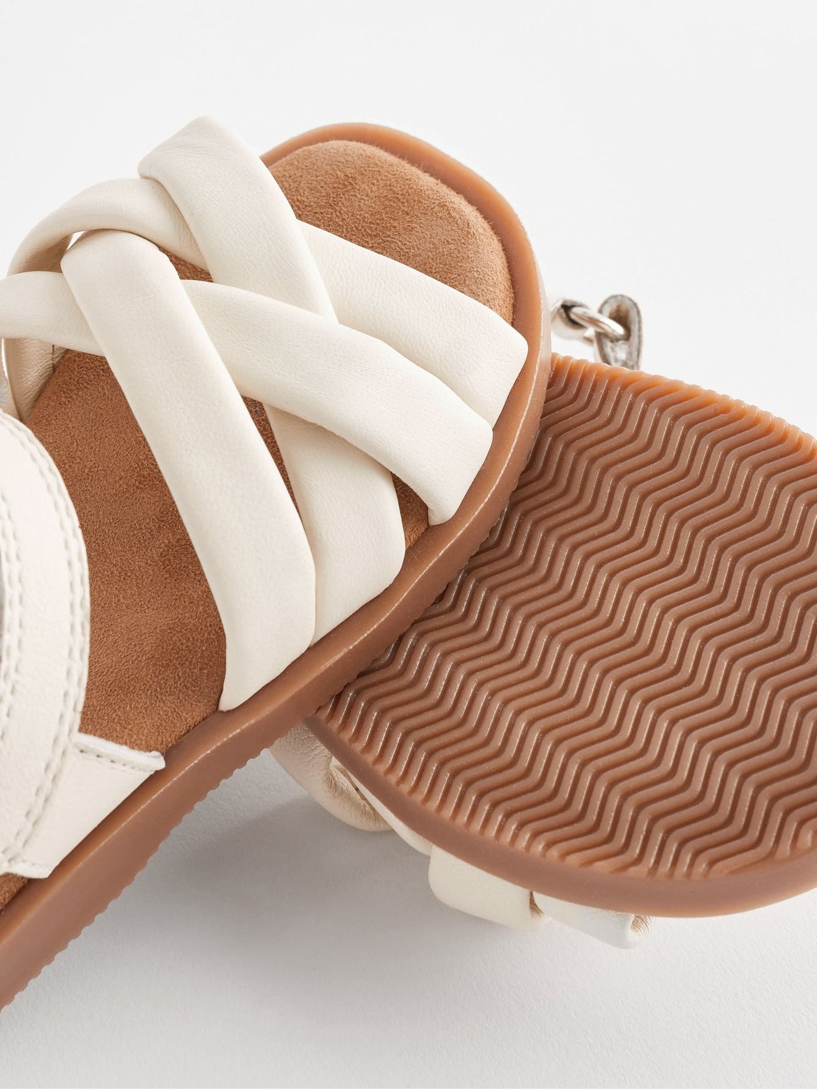 White Leather Woven Sandals With Touch Fastening