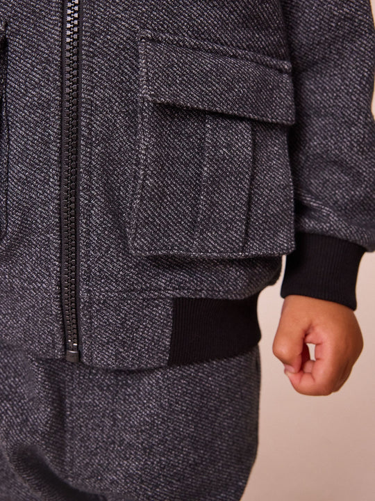Charcoal Grey 2 Piece Jersey Textured Bomber Jacket and Joggers Set (immediate )