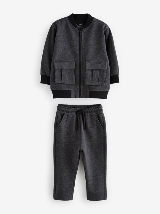 Charcoal Grey 2 Piece Jersey Textured Bomber Jacket and Joggers Set (immediate )