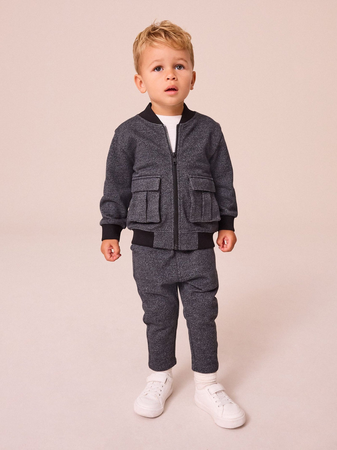 Charcoal Grey 2 Piece Jersey Textured Bomber Jacket and Joggers Set (immediate )