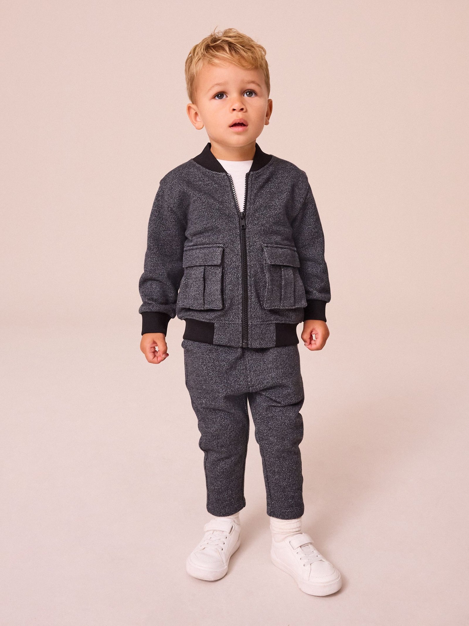 Charcoal Grey 2 Piece Jersey Textured Bomber Jacket and Joggers Set (immediate )