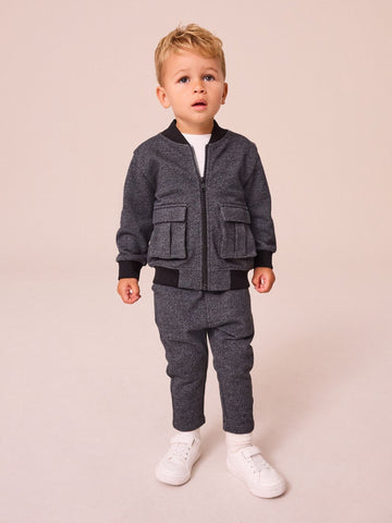 Charcoal Grey 2 Piece Jersey Textured Bomber Jacket and Joggers Set (immediate )