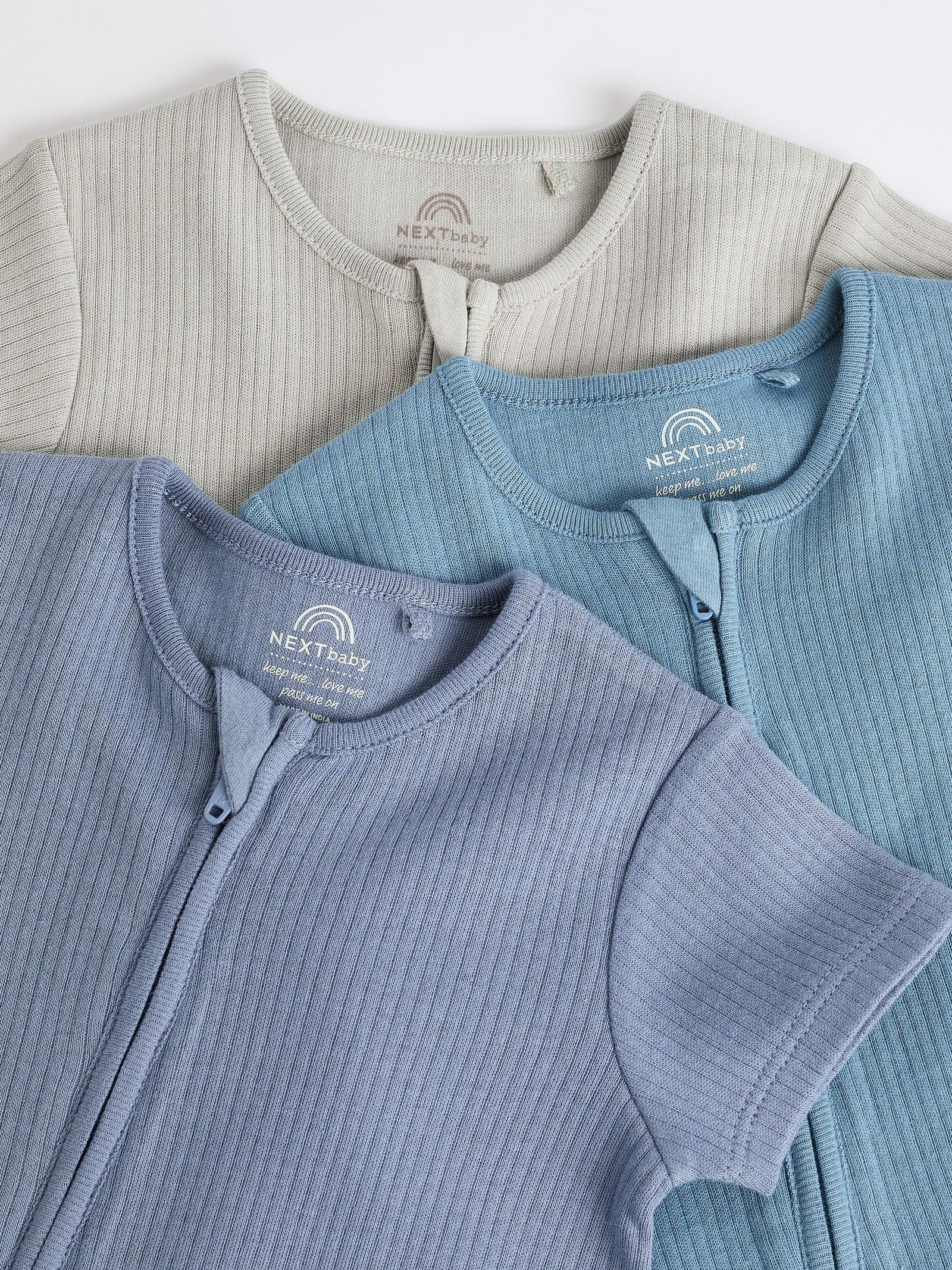 Blue Baby Two Way Zip 100% Cotton Rompers 3 Pack (0-3yrs)