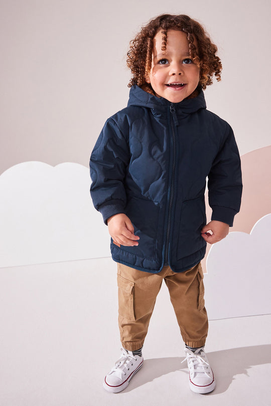 Navy Blue Quilted Borg Fleece Lined Shower Resistant Coat (immediate)