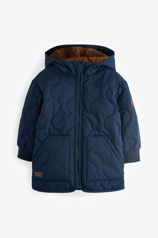Navy Blue Quilted Borg Fleece Lined Shower Resistant Coat (immediate)