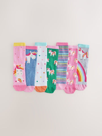 Pink, Green and blue 7 Pack Cotton Rich Unicorn Ankle Socks