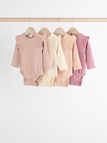 Pink/Cream Baby Long Sleeve Frill Bodysuits 4 Pack (0mths-2yrs)