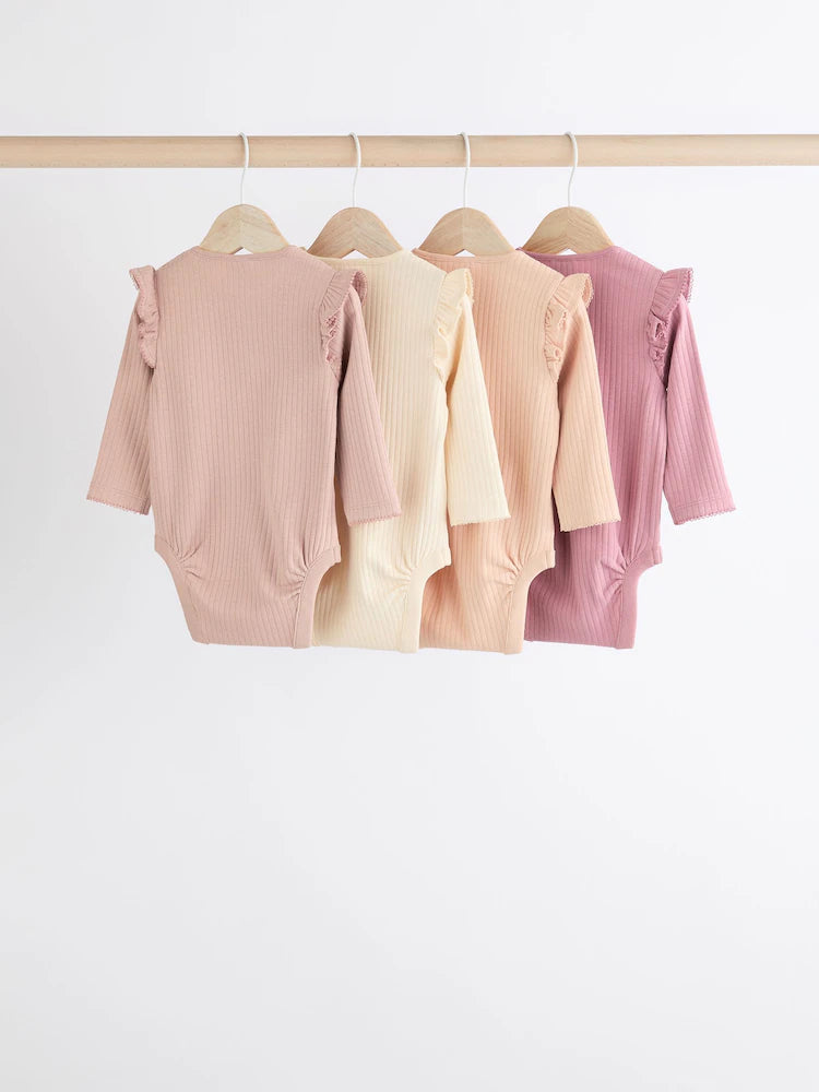 Pink/Cream Baby Long Sleeve Frill Bodysuits 4 Pack (0mths-2yrs)