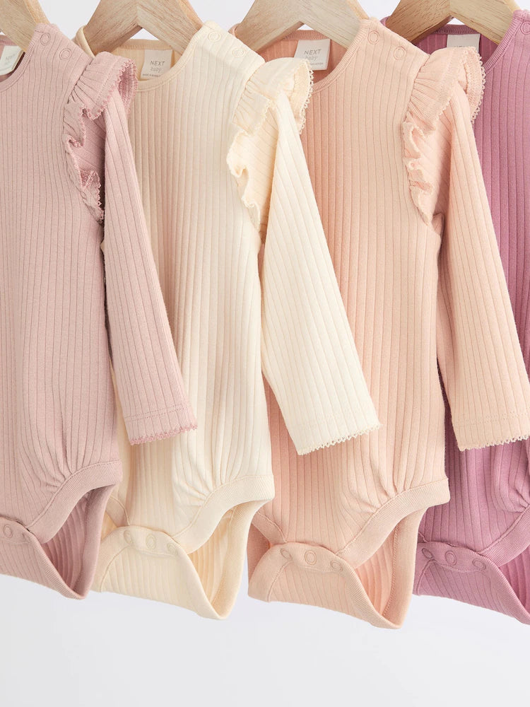 Pink/Cream Baby Long Sleeve Frill Bodysuits 4 Pack (0mths-2yrs)