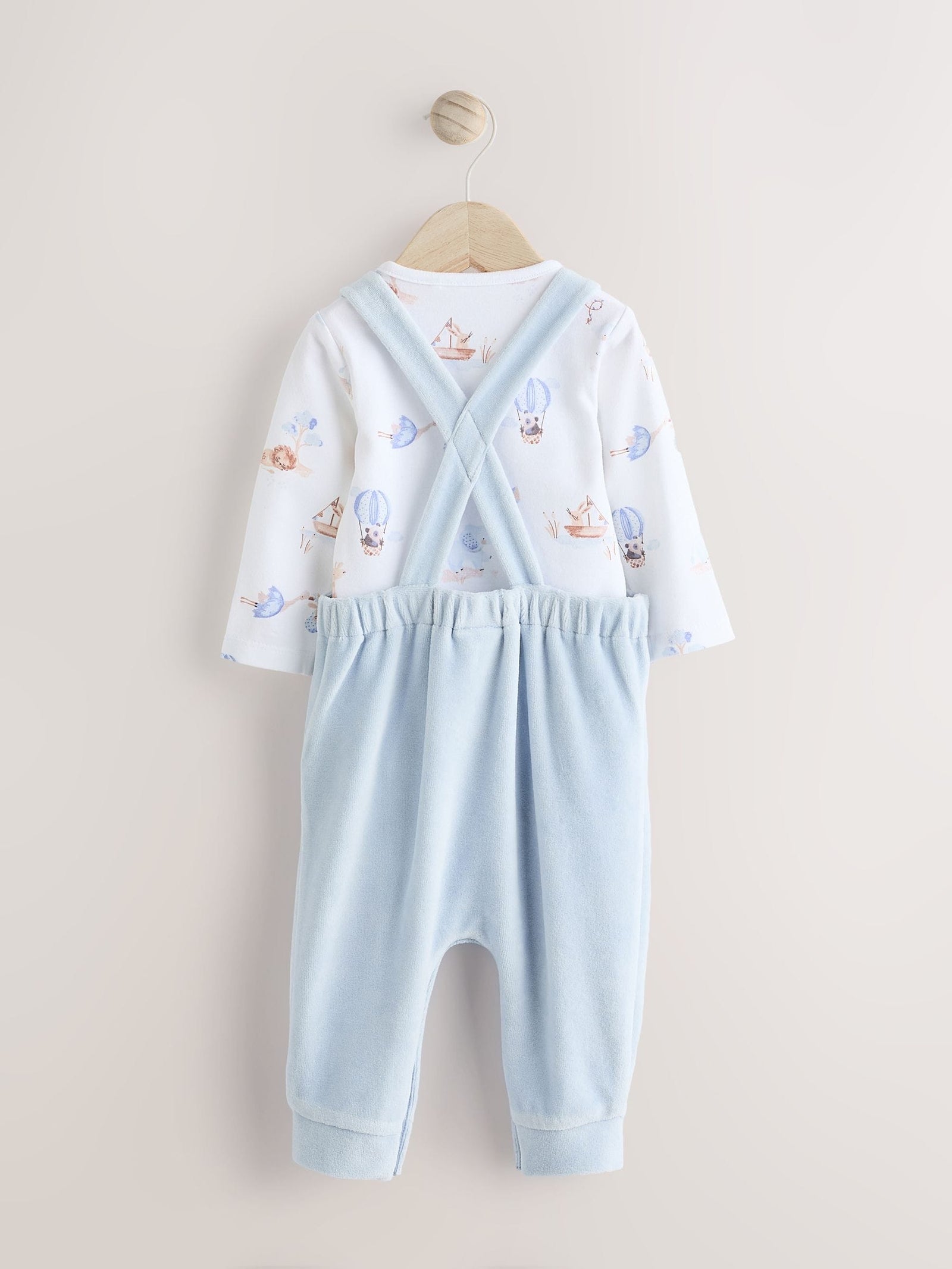 Blue Elephant Print Baby Velour Dungarees and Bodysuit Set (0-18mths)