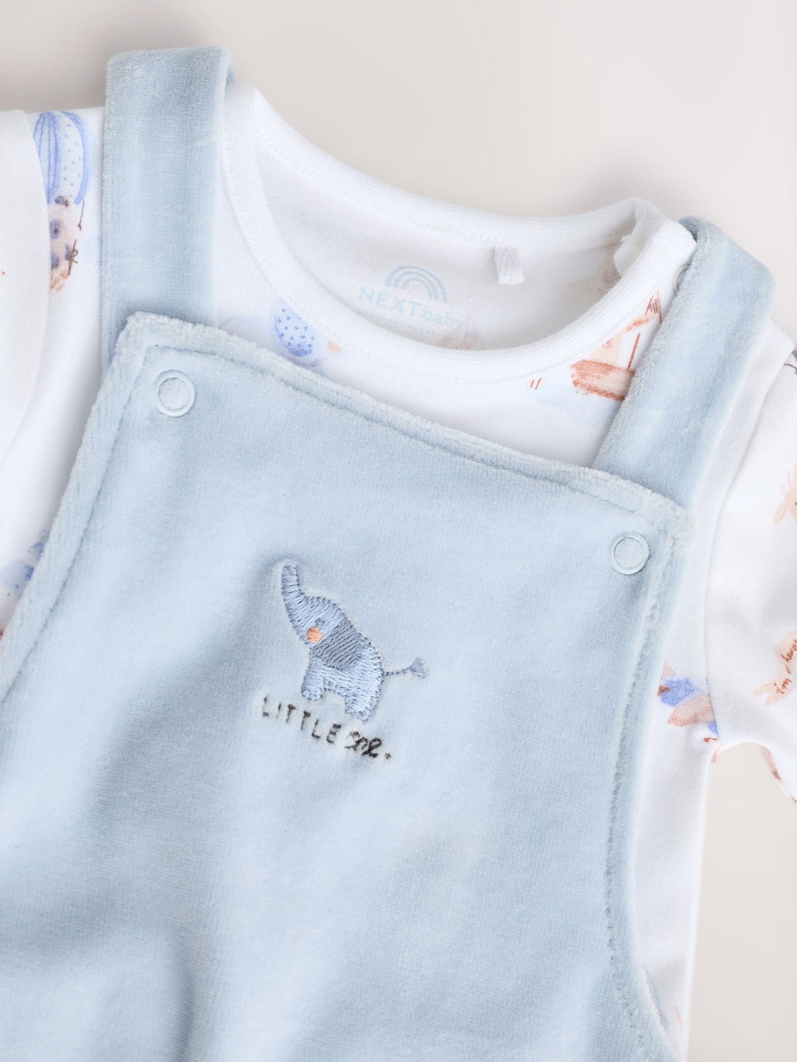 Blue Elephant Print Baby Velour Dungarees and Bodysuit Set (0-18mths)