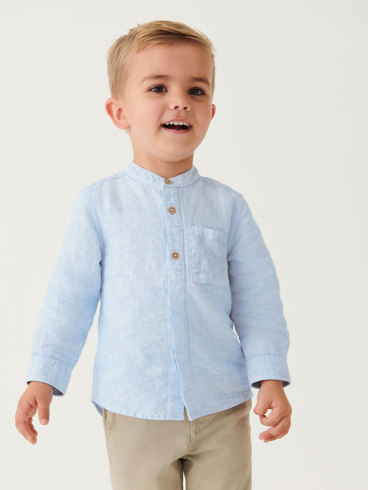 Blue Grandad Collar Linen Mix Shirt (3mths-7yrs)