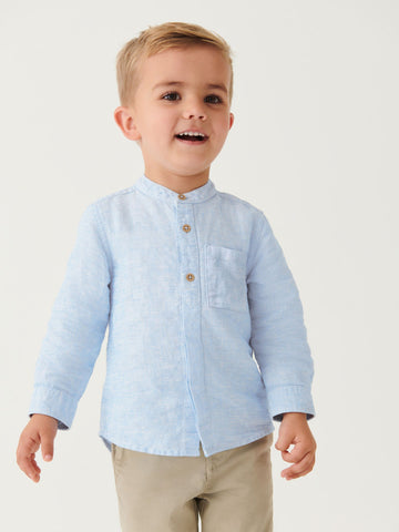 Blue Grandad Collar Linen Mix Shirt (3mths-7yrs)