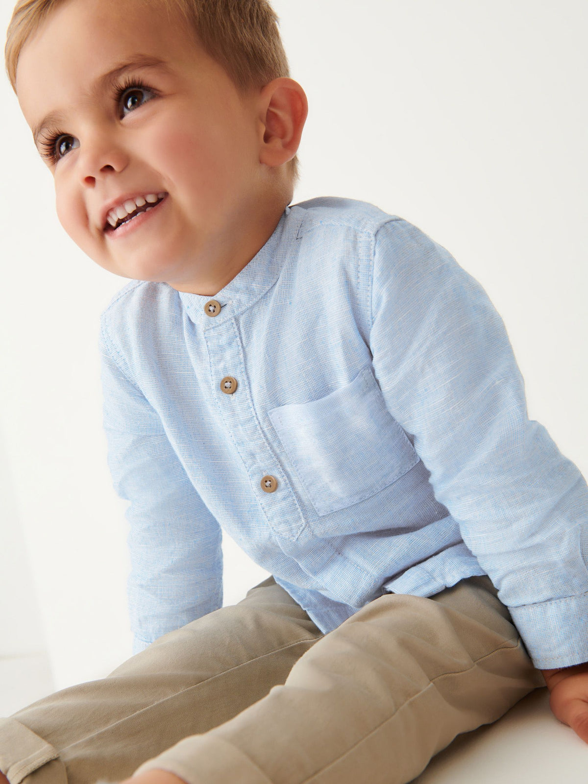 Blue Grandad Collar Linen Mix Shirt (3mths-7yrs)