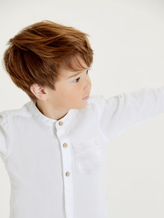 White Grandad Collar Linen Mix Shirt (3mths-7yrs)