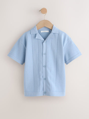 Blue Knitted Revere Collar Polo Shirt (3-16yrs)