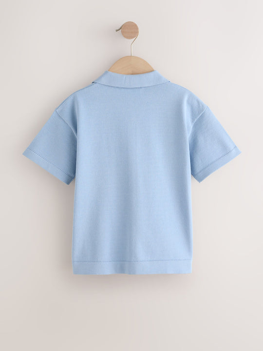 Blue Knitted Revere Collar Polo Shirt (3-16yrs)