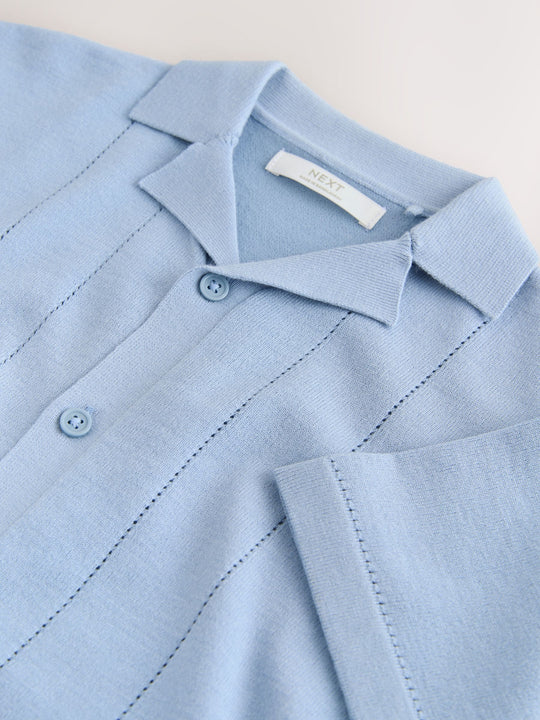 Blue Knitted Revere Collar Polo Shirt (3-16yrs)