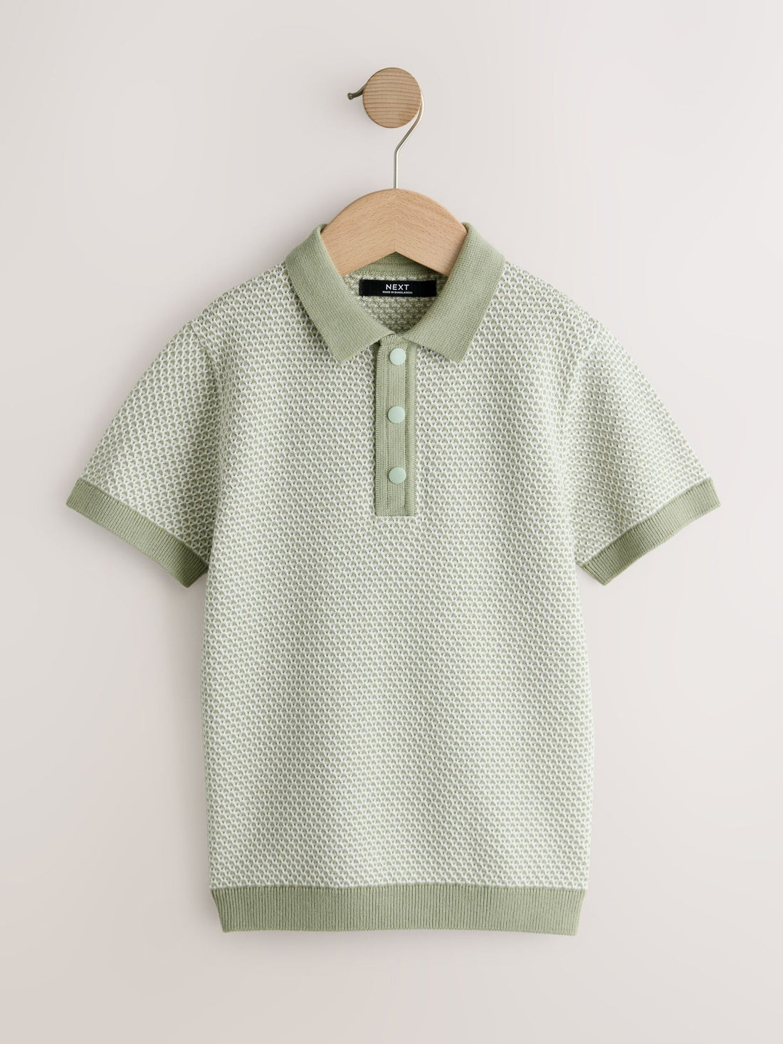 Green Textured Popper Neck Knitted Polo Shirt (3-16yrs)