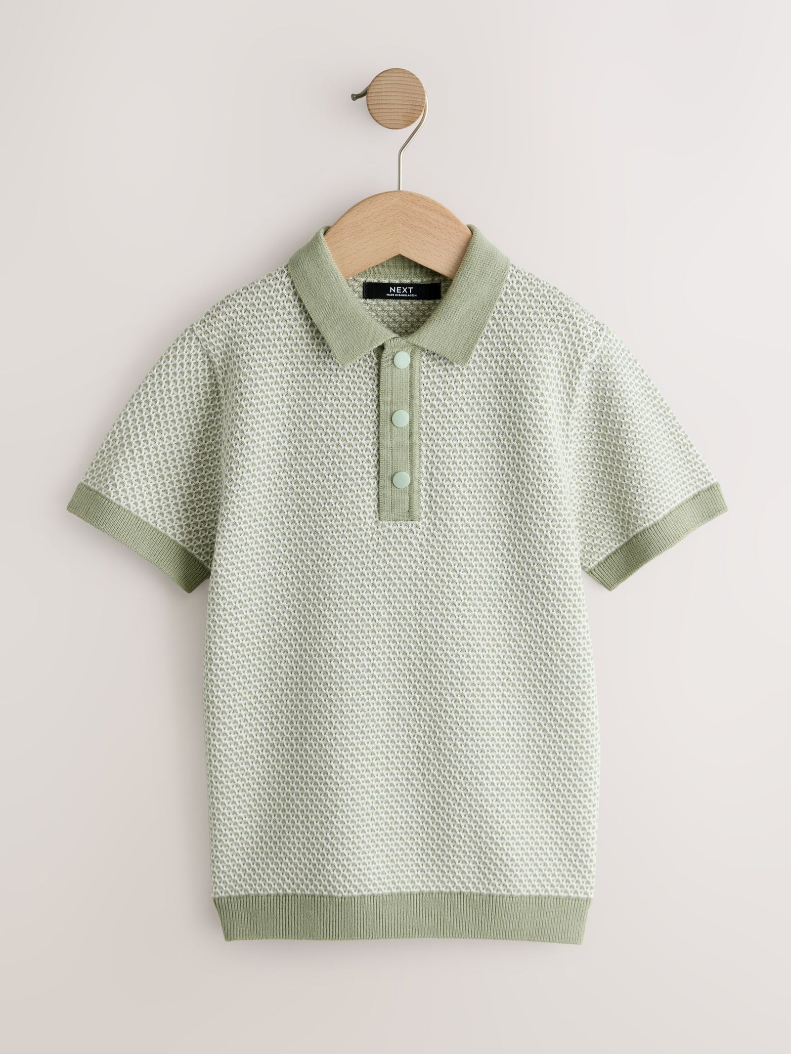 Green Textured Popper Neck Knitted Polo Shirt (3-16yrs)