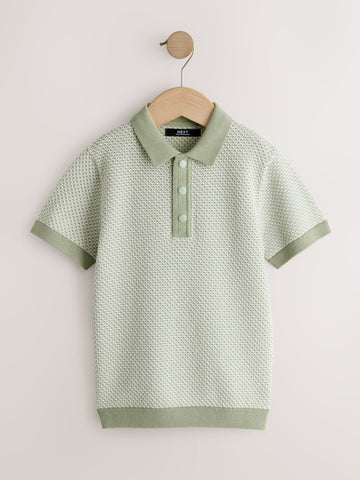 Green Textured Popper Neck Knitted Polo Shirt (3-16yrs)