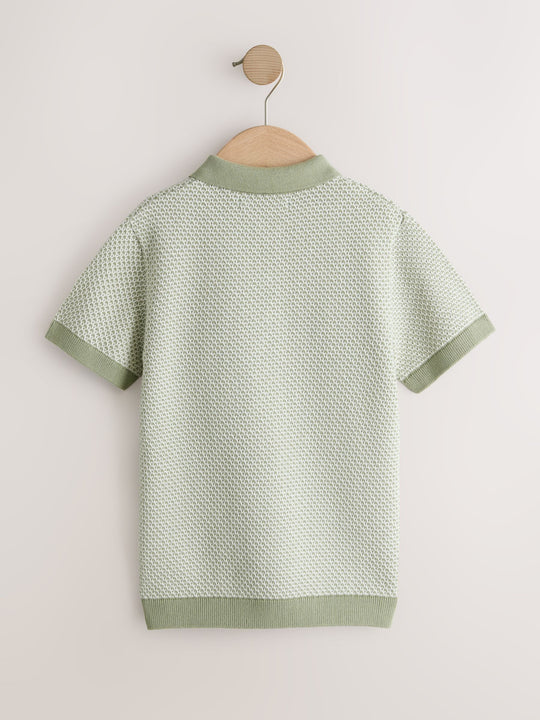 Green Textured Popper Neck Knitted Polo Shirt (3-16yrs)