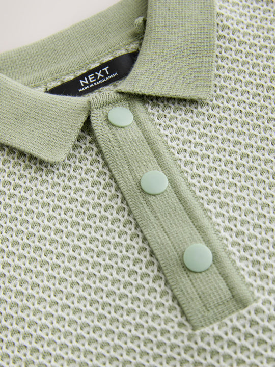 Green Textured Popper Neck Knitted Polo Shirt (3-16yrs)