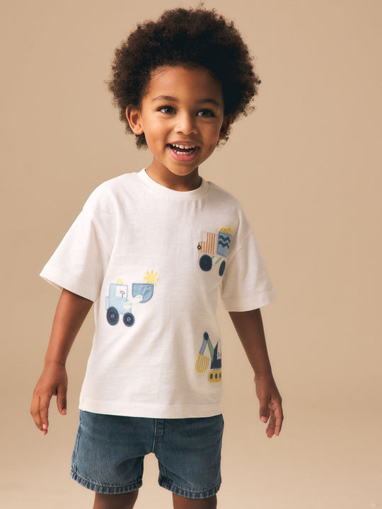 Neutral Digger Trio Short Sleeve Appliqué T-Shirt (3mths-7yrs)