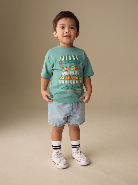 Blue/Green Fruit Stall Short Sleeve Appliqué T-Shirt (3mths-7yrs)