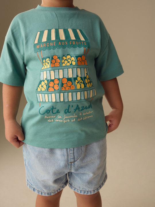 Blue/Green Fruit Stall Short Sleeve Appliqué T-Shirt (3mths-7yrs)