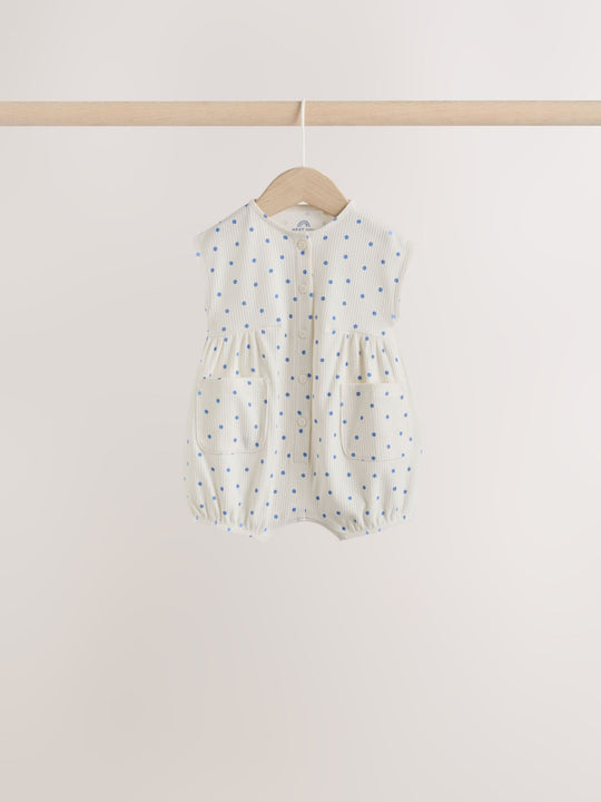 Blue/White Button Through Button Through Baby Rompers 3 Pack