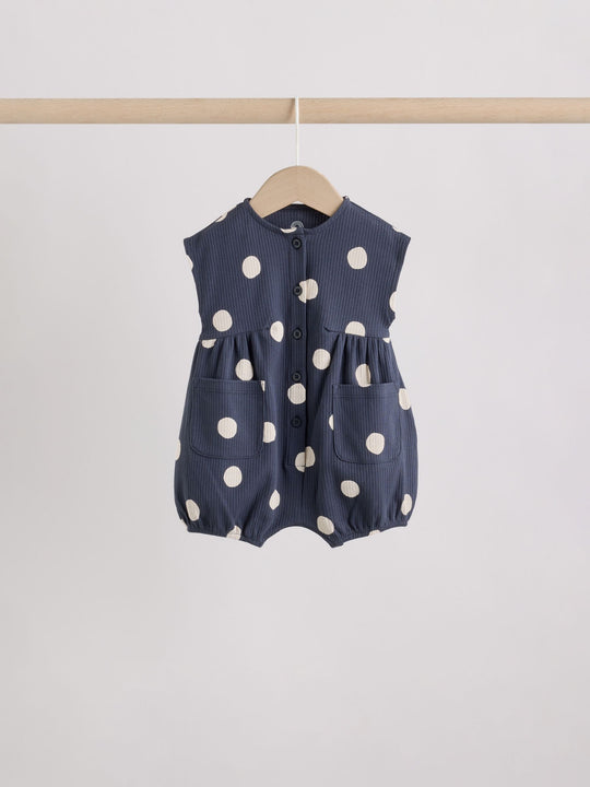 Blue/White Button Through Button Through Baby Rompers 3 Pack