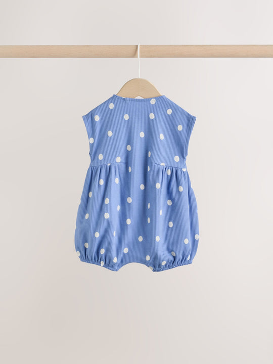 Blue/White Button Through Button Through Baby Rompers 3 Pack