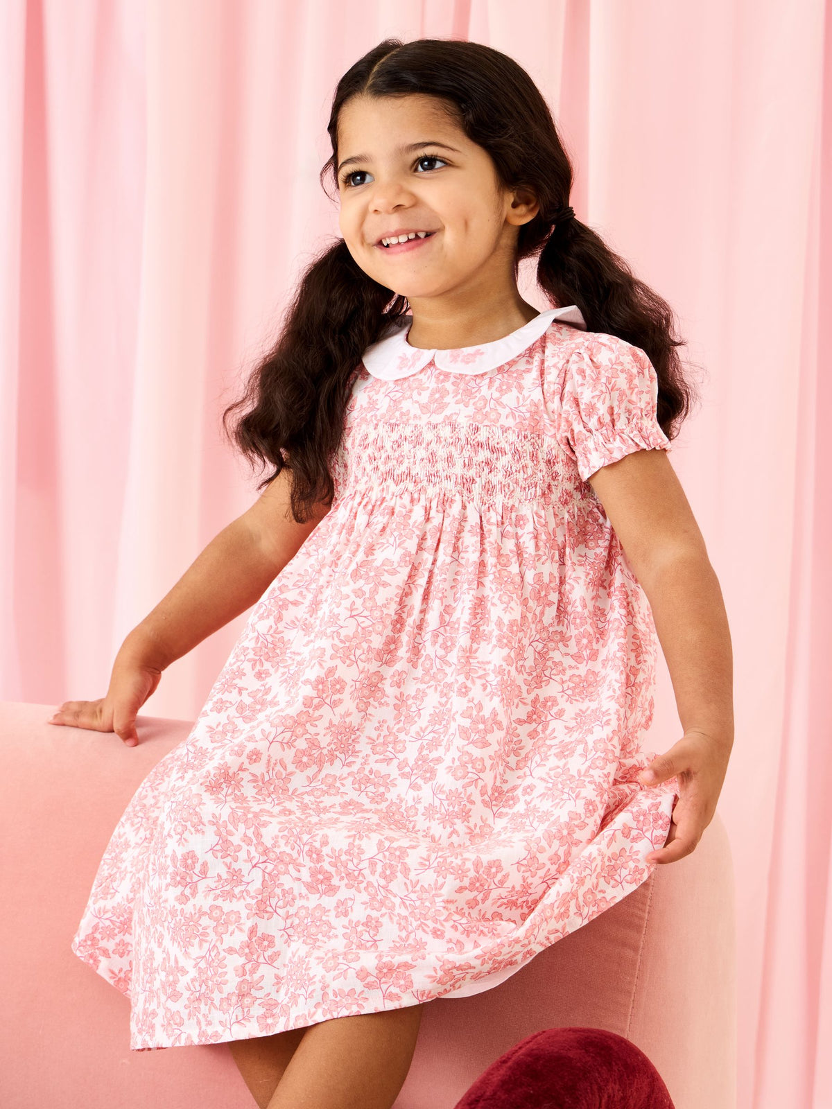 JoJo Maman Bébé Light Pink Garden Floral Smocked Woven Dress