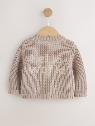 Neutral Hello World Knitted Embroidered Baby Cardigan