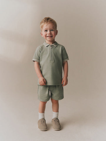 Sage Green Zip Neck Short Sleeve Polo Shirt And Shorts Set (3mths-7yrs)