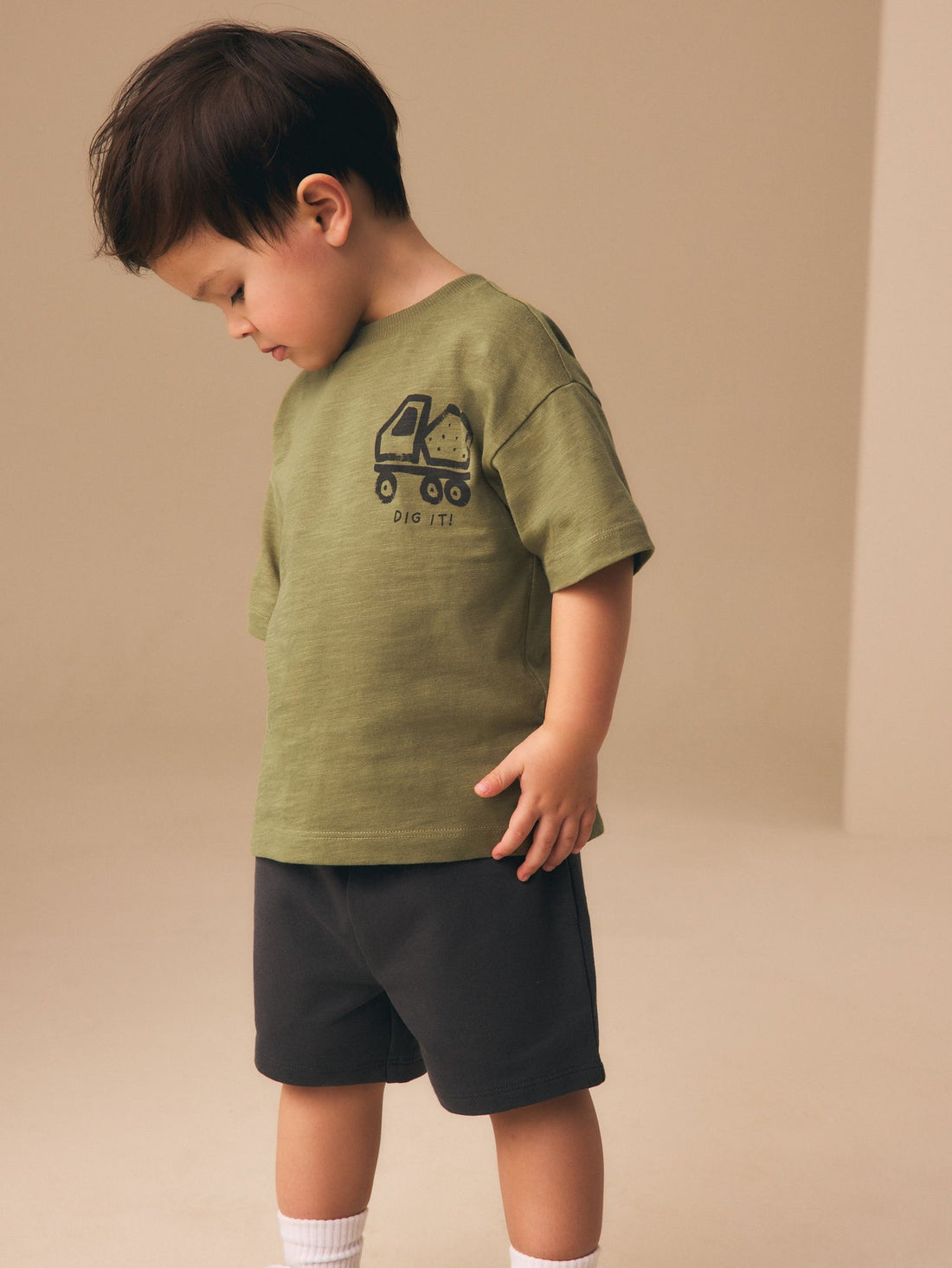 Khaki Green Digger Short Sleeve Back Print T-Shirt and Shorts Set (3mths-7yrs)